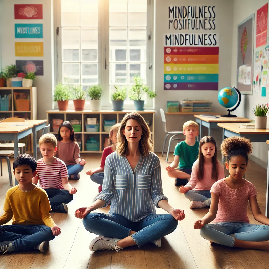 A teacher and children doing mindfulness in school