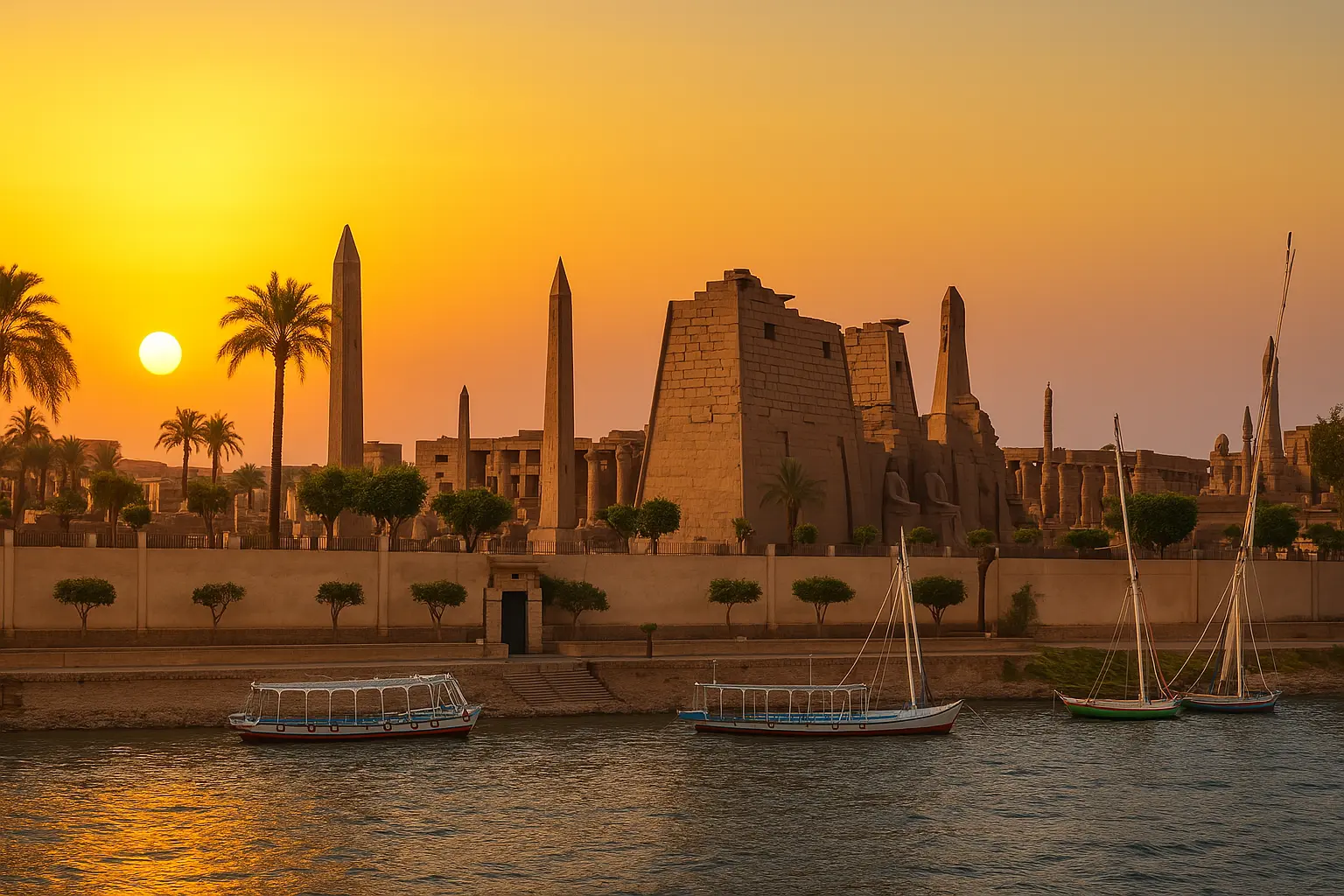 Luxor Temple at sunset with golden sky, palm trees, and boats reflected on the calm Nile River in Full HD resolution (1920x1080)