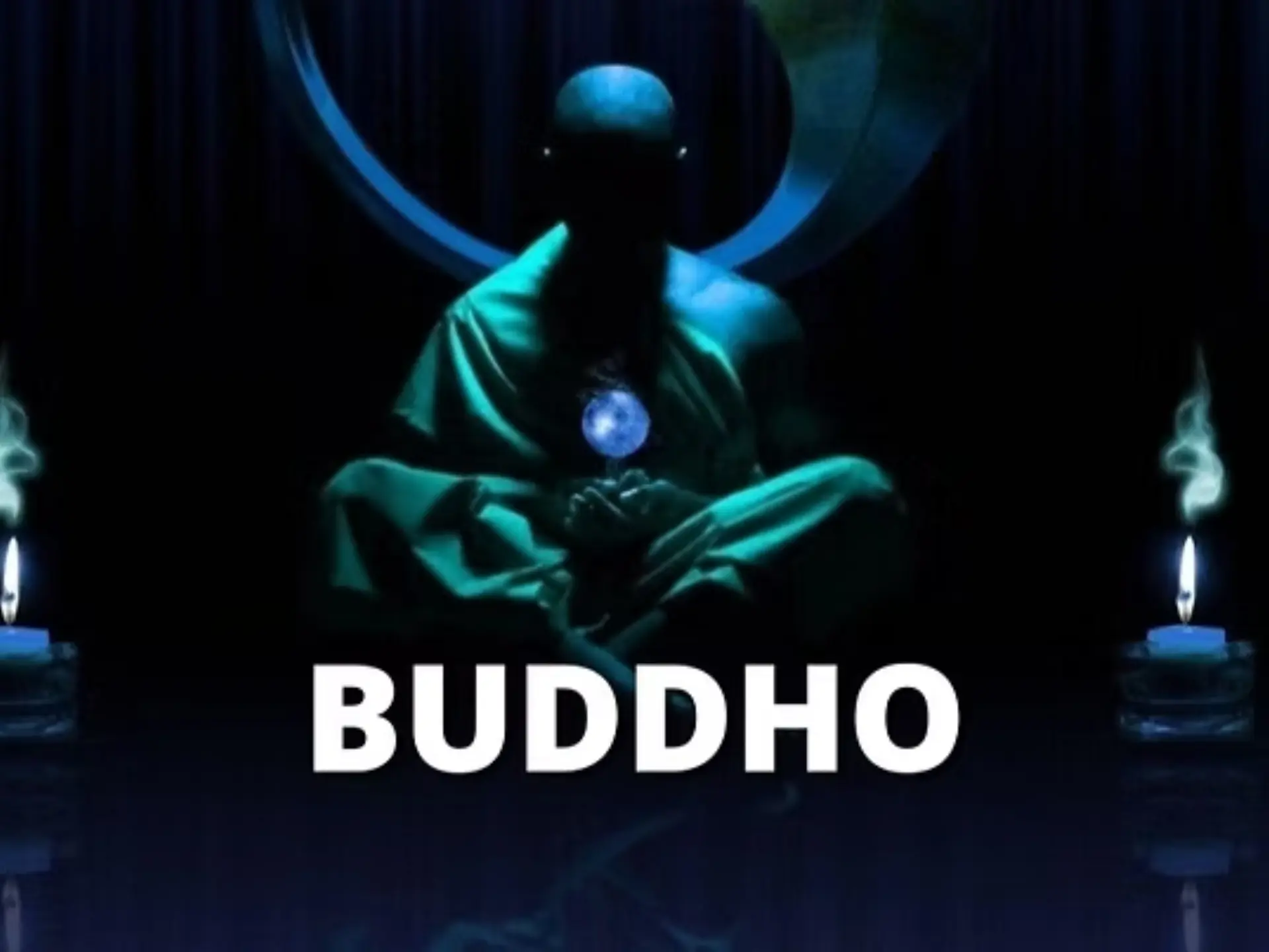 Monk in the dark flanked by candles and the word Buddho underneath