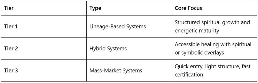Table of the three tiers of Reiki training avialable