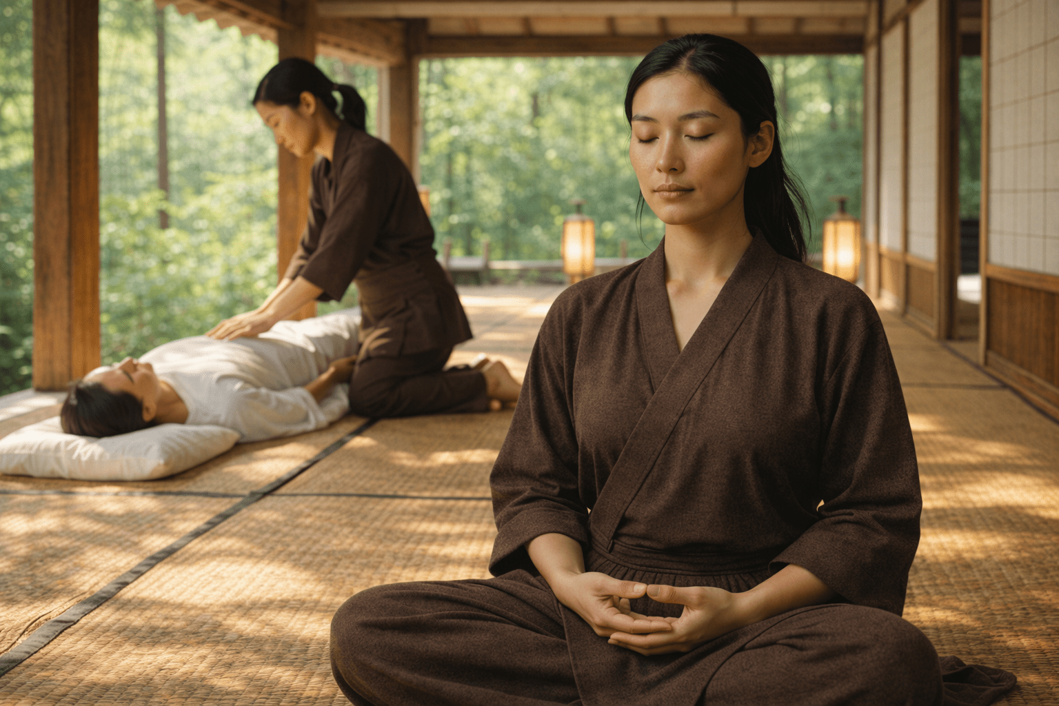 The best Reiki training: meditation as shown by the woman in the foreground, combined with treatment work, as shown by the couple at the back involved in a Reiki treatment