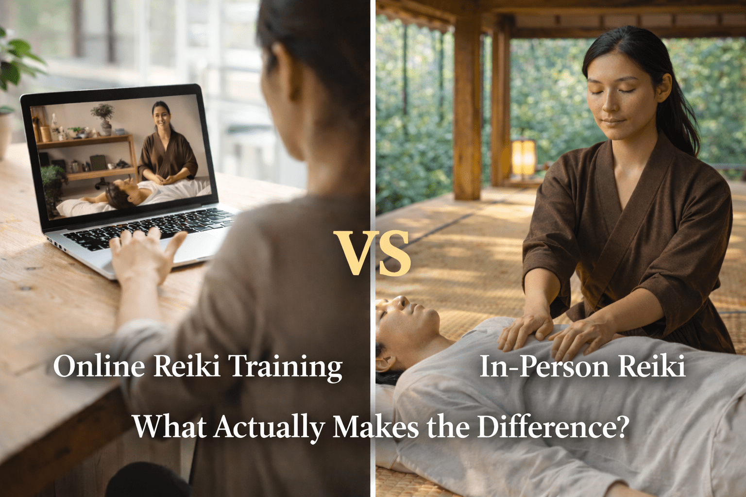 Featured inmage for an article addressing the issue of online vs face to face Reiki showing a woman at a laptop and another doing Reiki in a live class