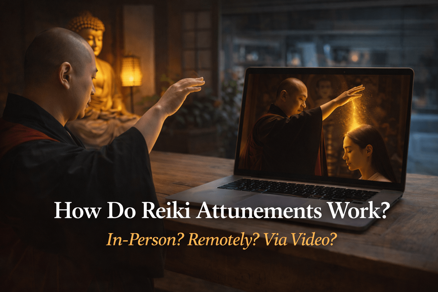 A monk gives a Reiki attunement online