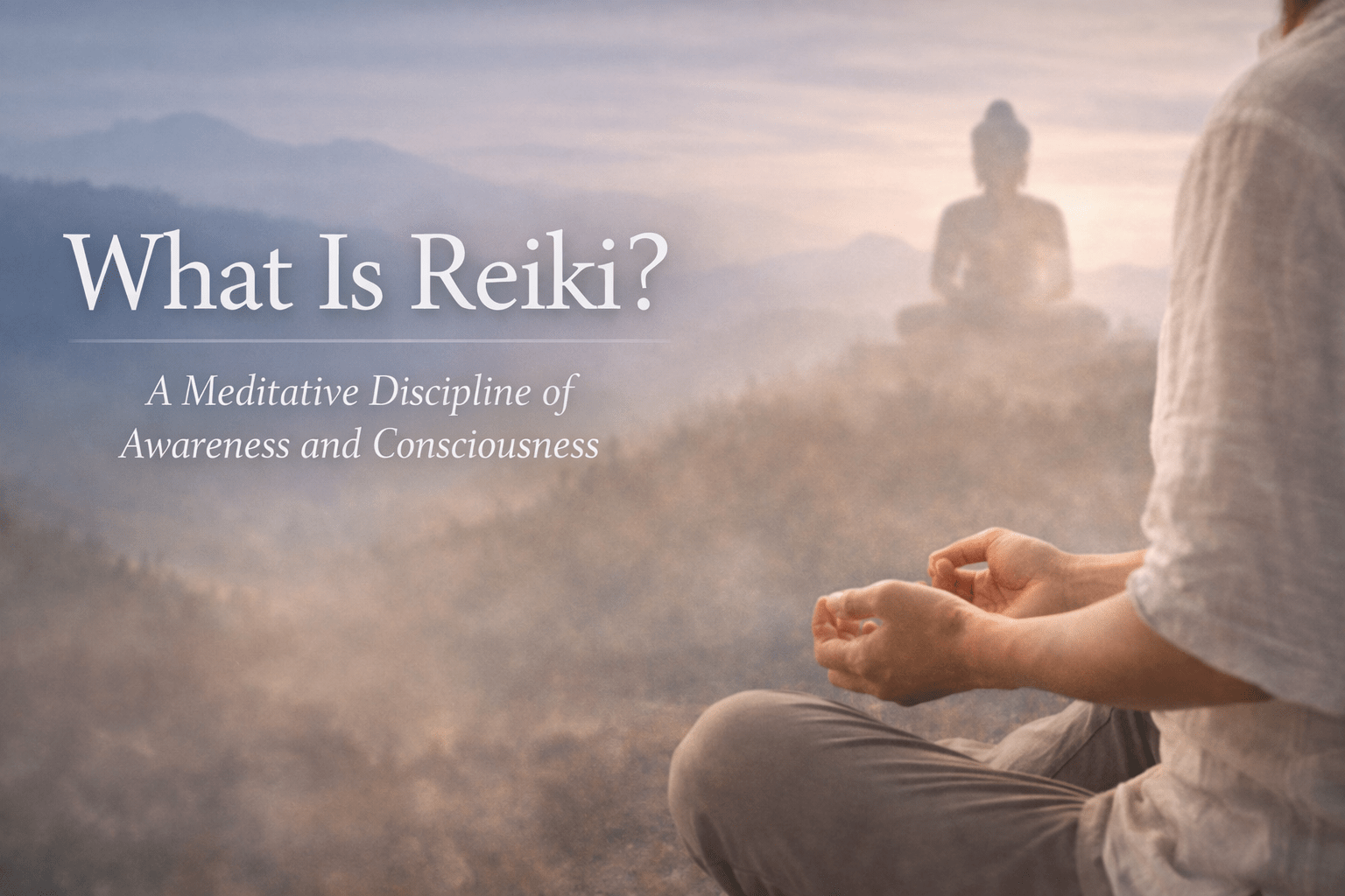 What is Reiki title card with s distant statue of the Buddha and someone's hand resting on their knees as they sit in meditation