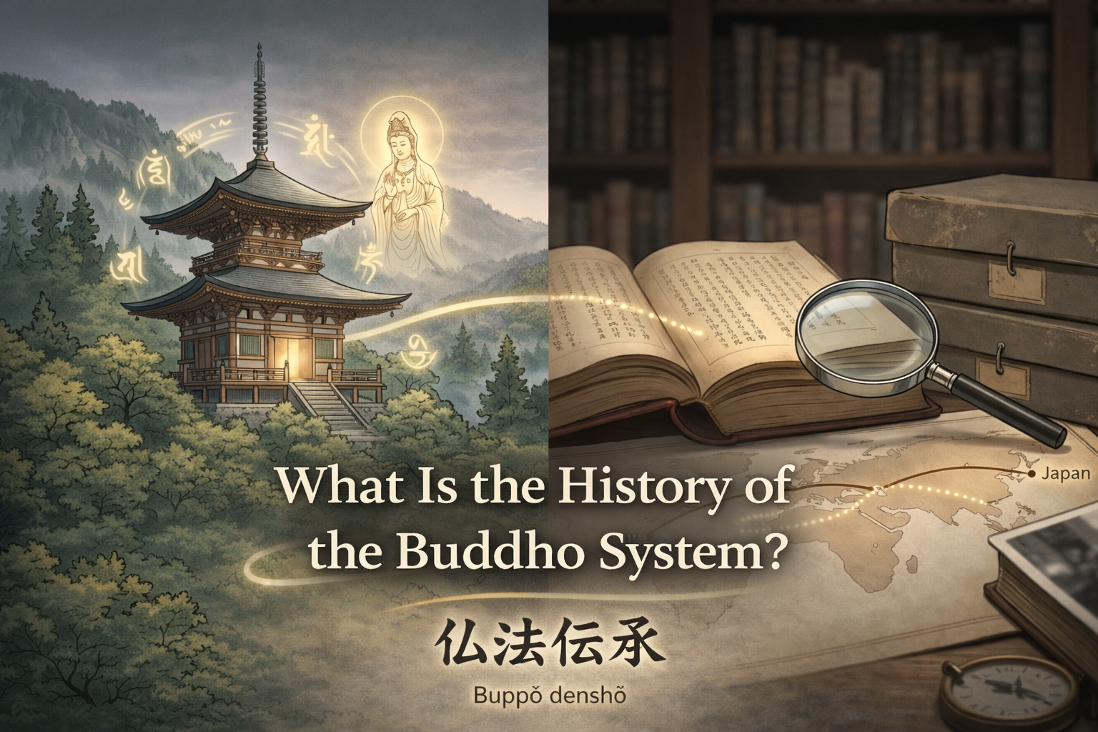 What is the history of buddho title card showing traditional Japanese scene and some research papers for historical work