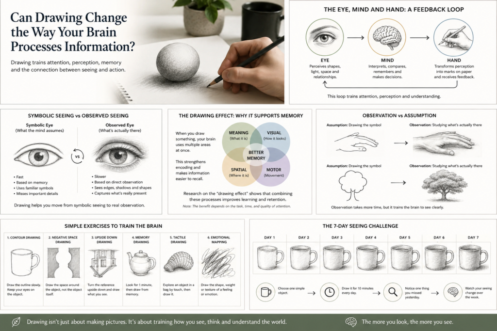 Infographic showing how drawing trains attention, perception, memory and the eye, mind and hand feedback loop.