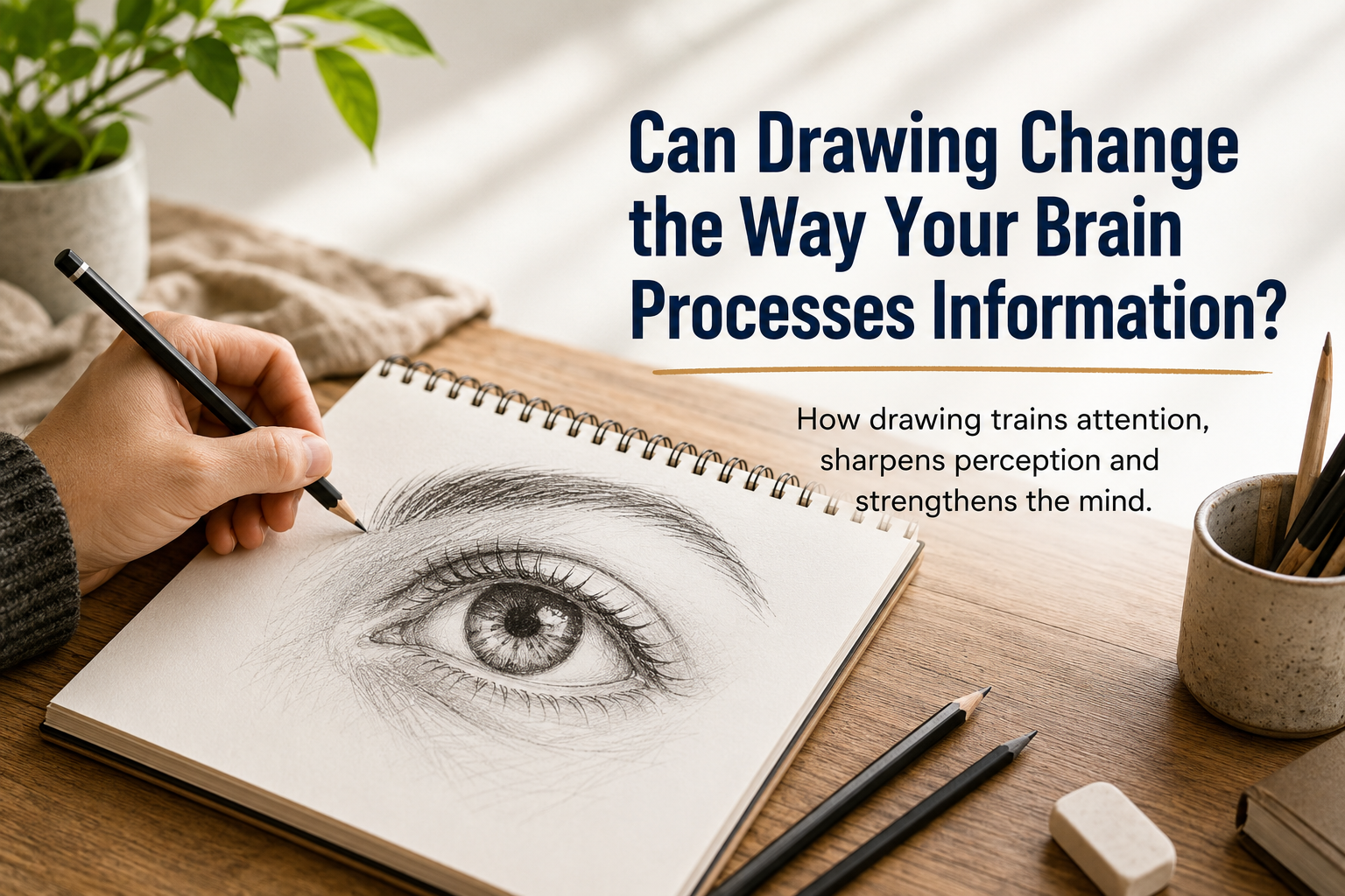 Hand drawing an eye in a sketchbook with the article title, “Can Drawing Change the Way Your Brain Processes Information?” and subtitle about attention, perception and the mind.