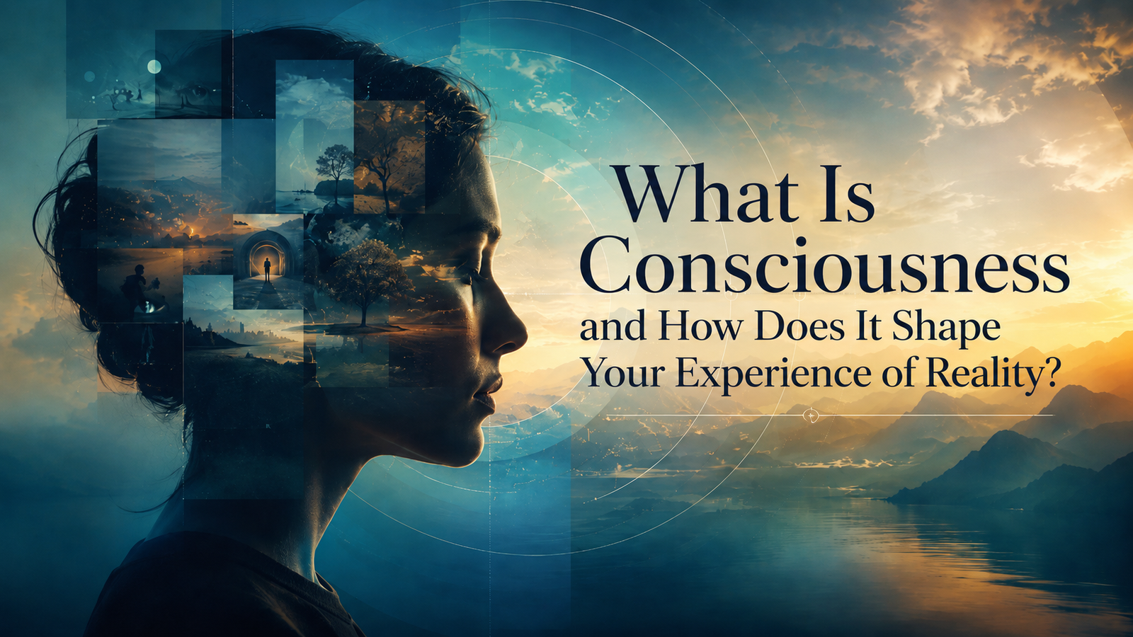 A head showing different aspects of consciousness overlapping against a serene background