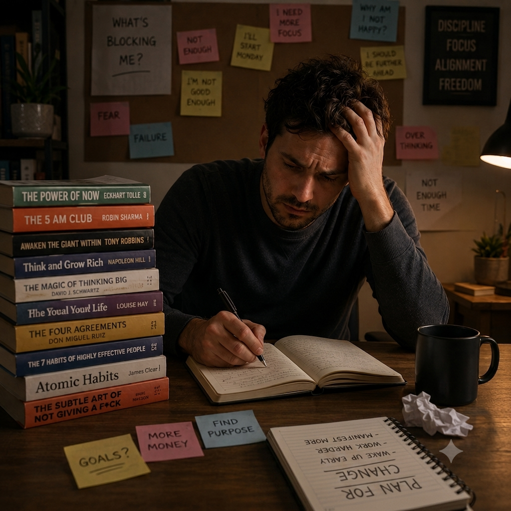 Man writing in a notebook next to stack of self development books