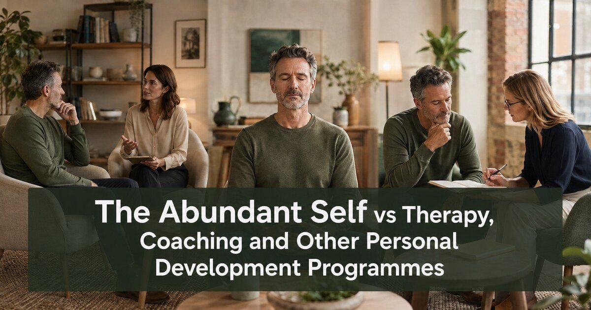 How Is the Abundant Self Different from Therapy, Coaching and Other Personal Development Programmes? article title with people sat in a room talking and/or meditating
