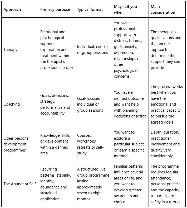 How Is the Abundant Self Different from Therapy, Coaching and Other Personal Development Programmes? Examples given of the different areas and their functions and benefits